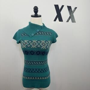 Vintage Y2K Teal Cowl Neck Envelope Short Sleeve Tunic Sweater Indie Softgirl S